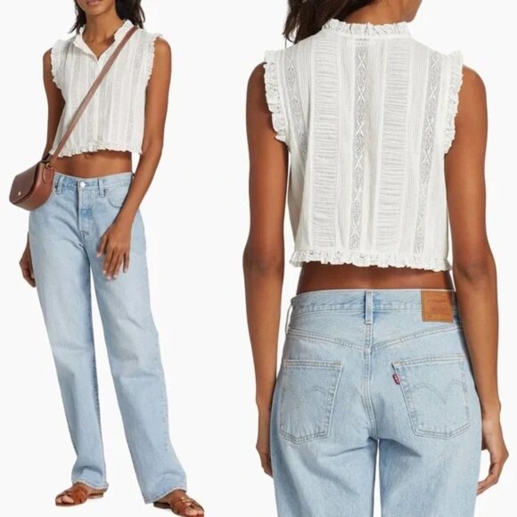 Doen Hallie White Pintuck Lace Ruffle Organic Cotton Blouse - Small - Picture 2 of 9